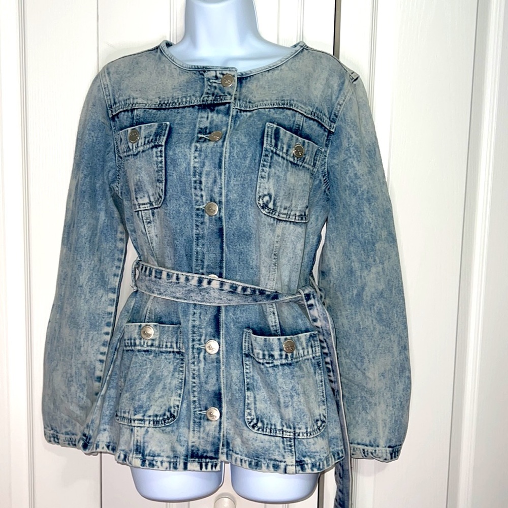 Denim Jacket, Peplum Collarless Denim Jacket | Size Small